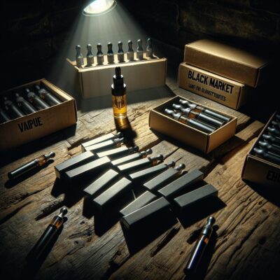 depicting a dimly lit, underground setting with black market vape cartridges displayed on a rugged wooden table, highlighting the risks associated with purchasing unregulated vape products.