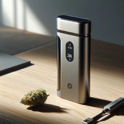 An electronic cigarette made of silver placed - a blend of cannabis vaporizers and nature.