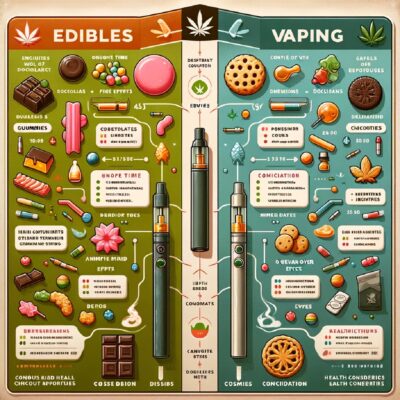 An infographic comparing edibles vs vaping methods, highlighting the differences and benefits of each.