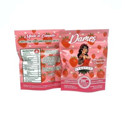 Packaging of strawberry THC gummies with a woman's illustration.